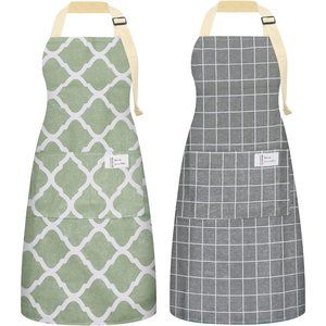 Women Cotton Linen Waterproof Pockets Cooking Kitchen Aprons
